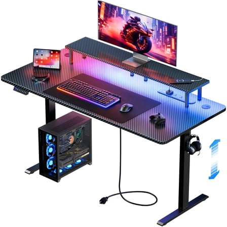 47 Inch Standing Desk with LED Lights & Power Outlet, Height Adjustable Stand Up Table with 3 Memory Preset and Monitor Stand, Home Office Gaming Desk
