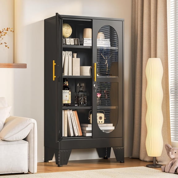 47" H Locking Display Cabinet with Glass Door, Metal Construction, 3 Adjustable Shelves, for Living Room or Collectibles  Assembly Required, Black