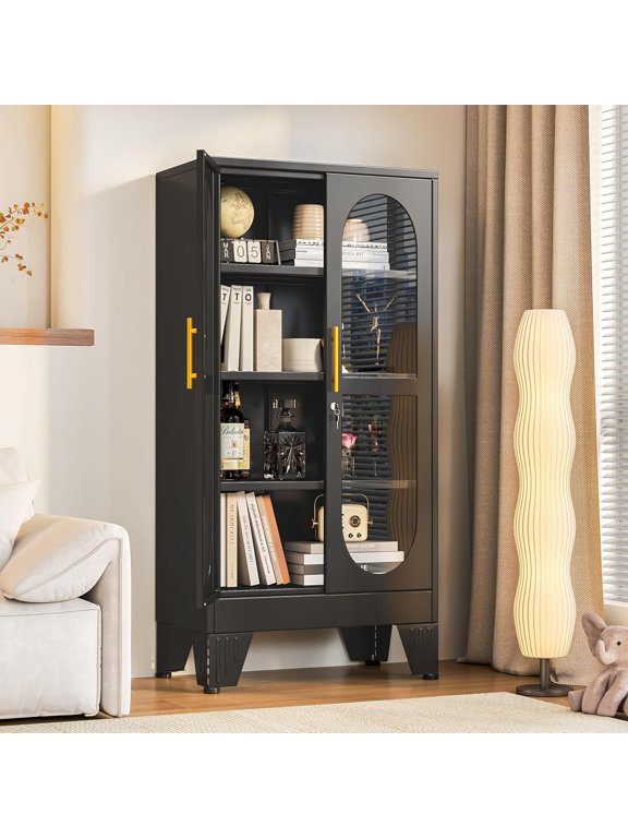 47" H Locking Display Cabinet with Glass Door, Metal Construction, 3 Adjustable Shelves, for Living Room or Collectibles Assembly Required, Black