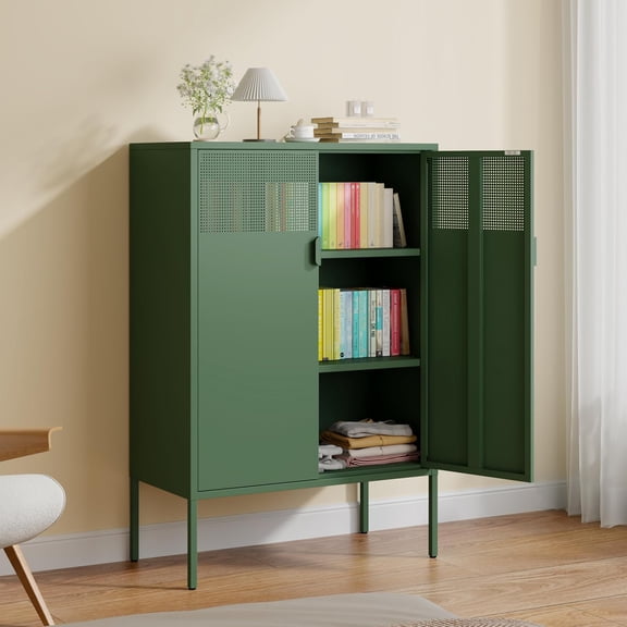 47-Inch Tall Green 3-Tier Metal Storage Cabinet with 2 Mesh Doors and Adjustable Shelves, Multipurpose Locker for Office and Home