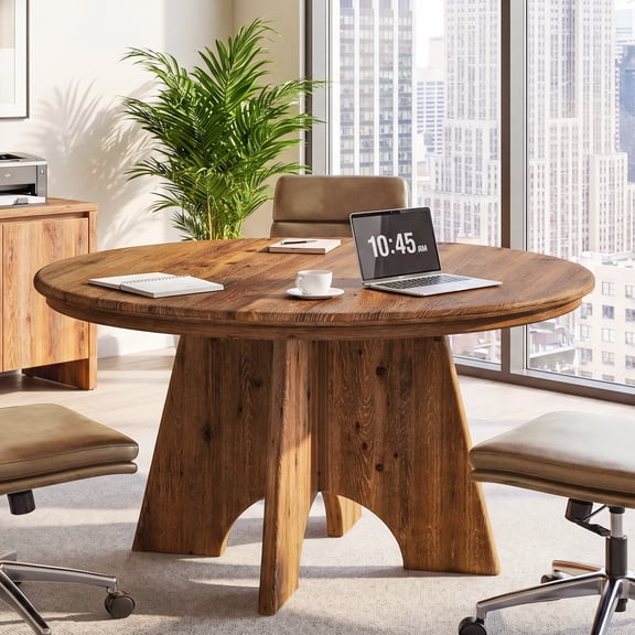 47 Inch Thick Top Round Wooden Conference Table, Rustic Style Multi-Purpose Office Desk, Stable Cross Base Meeting Table Seats 4-6 Persons for Office Conference Room