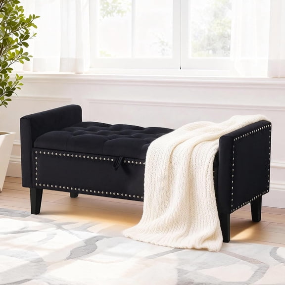 47-Inch Velvet Storage Ottoman Bench with Arms and Wooden Legs, Upholstered Storage Chest for Bedroom or Entryway, Black