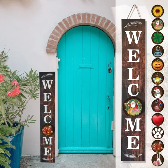 47 Inch Vertical Front Door Porch Decor Welcome Sign with 12 Interchangeable Signs (Brown)