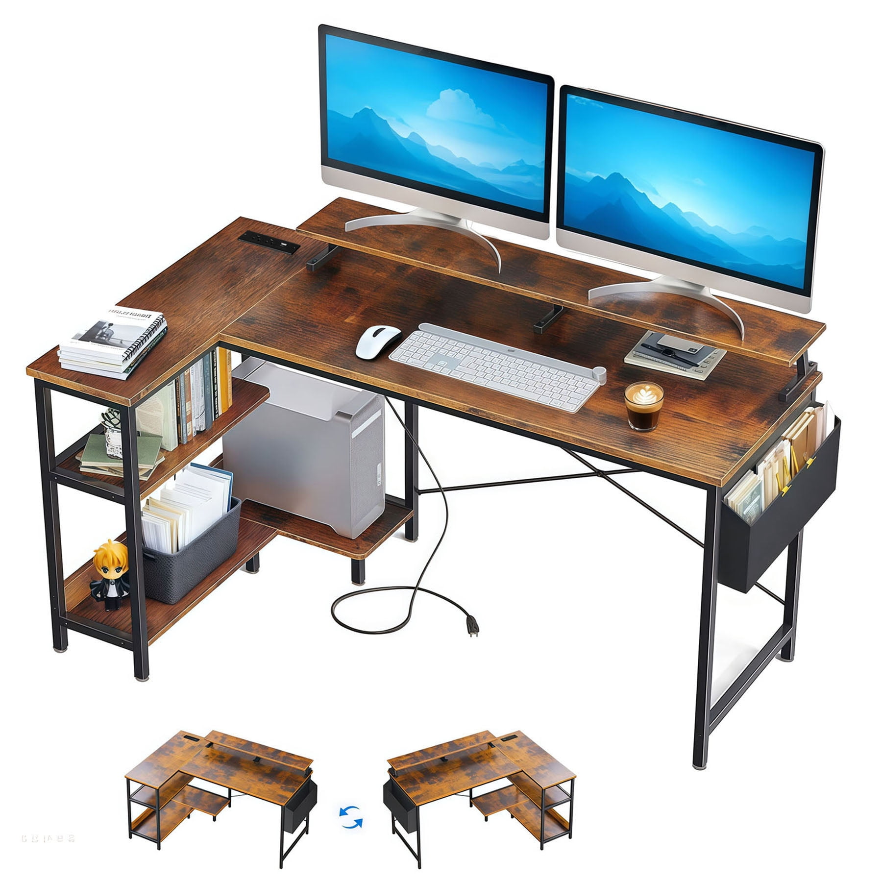 47 Inch Vintage Gaming Desk with Power Outlets and Monitor Stand, Reversible L Shaped Computer Desk for Small Spaces