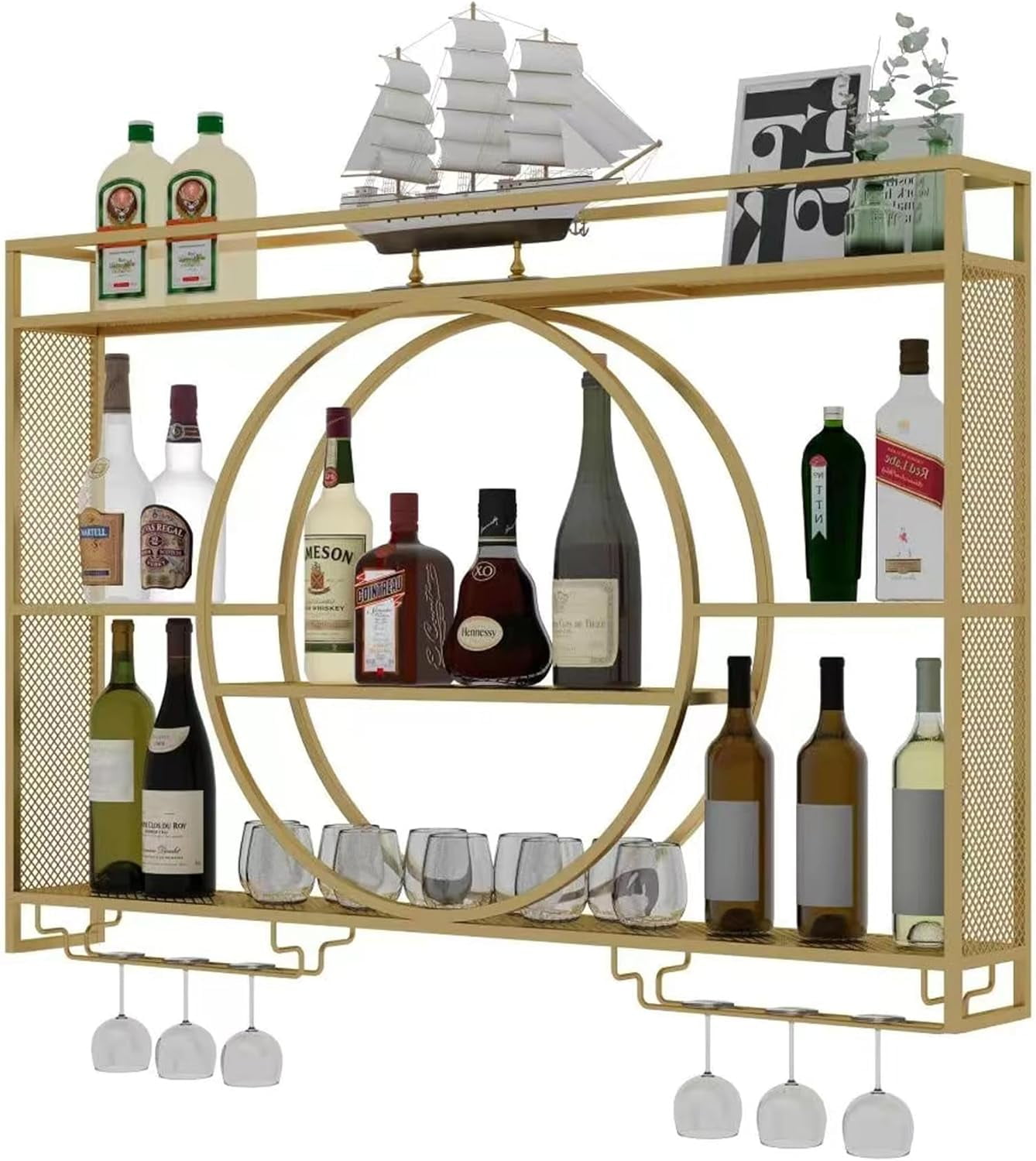 47 Inch Wall Mounted Wine Rack, 3-Tier Wall Bar Shelves for Liquor ...