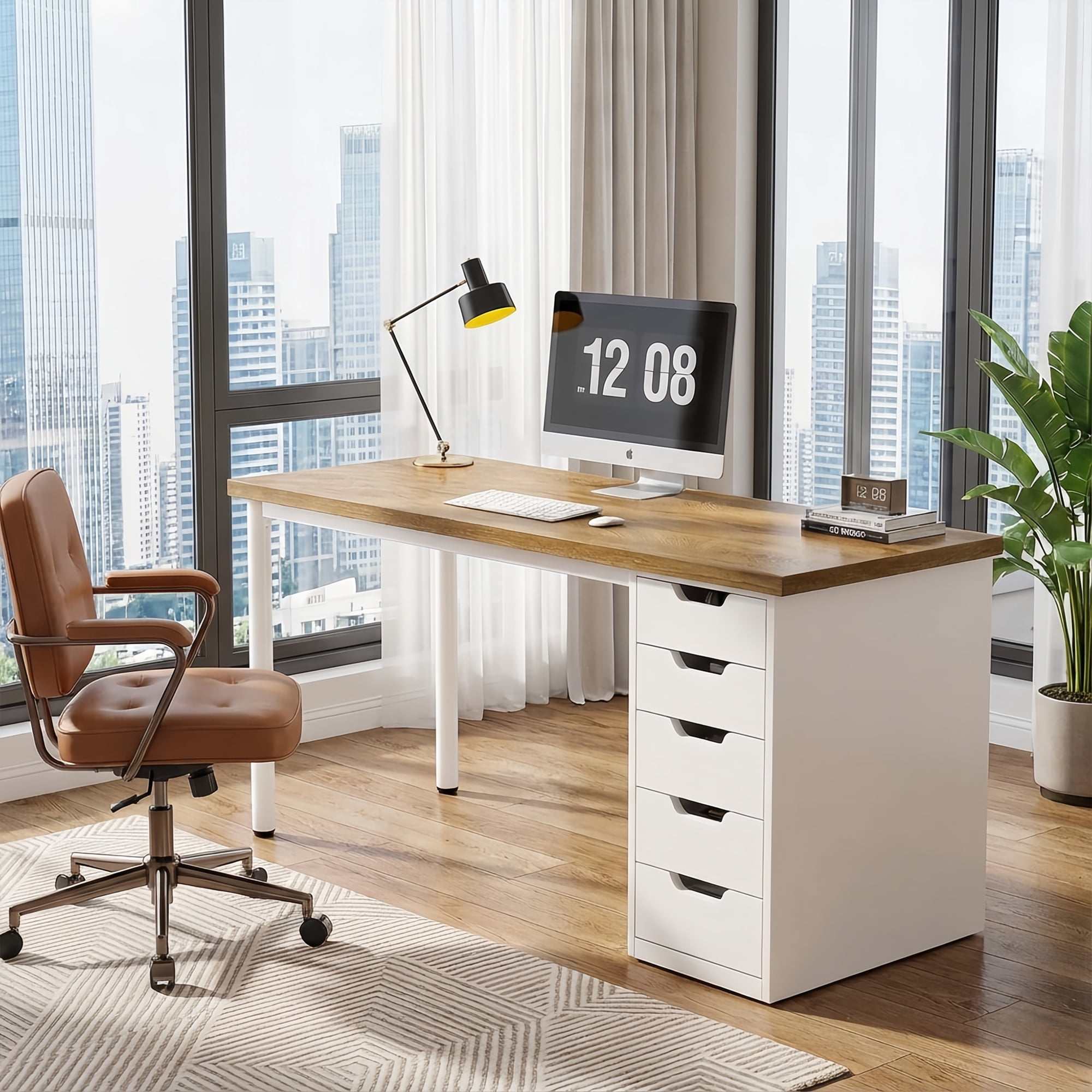47 Inch Walnut & White Computer Desk - Small Space Home Office Writing ...