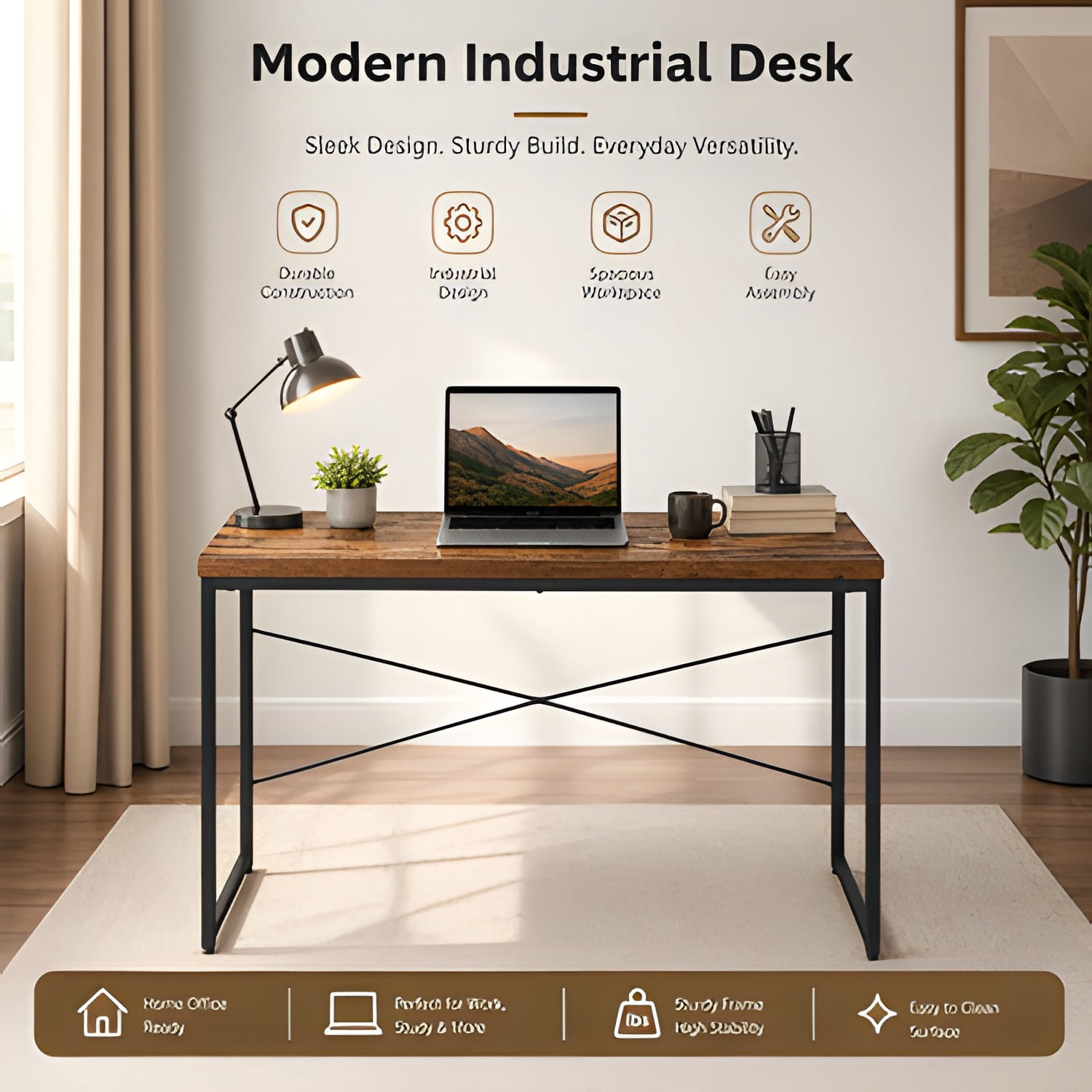47 Inch Weathered Oak Rectangular Multipurpose Table with Black U-Shaped Metal Legs, No Storage Writing Desk Dressing Game Small Dining Table with X Reinforced Support