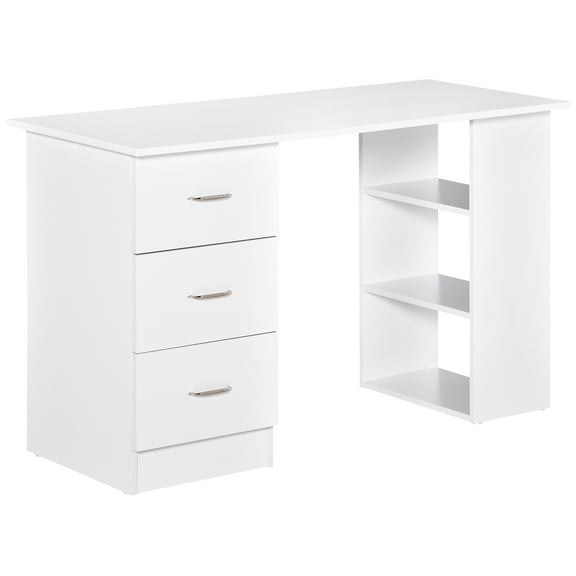 47 Inch White Computer Desk with 3 Drawers and Reversible Bookshelf