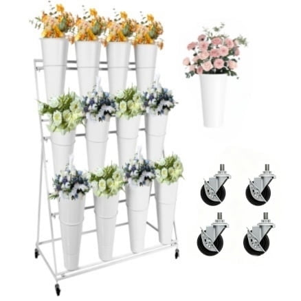White 3 Tier Rolling Flower Cart with 12 Buckets, Floral Display Stand for Garden Wedding Indoor Outdoor