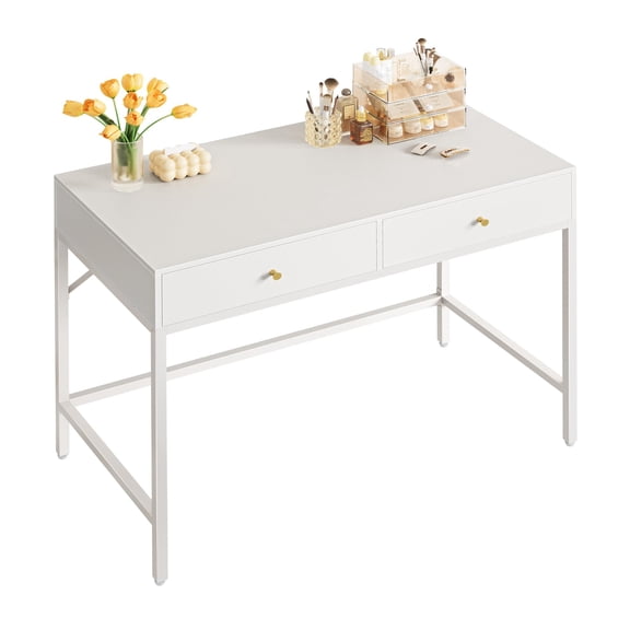 47 Inch White Gold Multifunctional Desk with Storage Drawers, Modern Makeup Vanity Table & Home Office Computer Desk for Bedroom Living Room