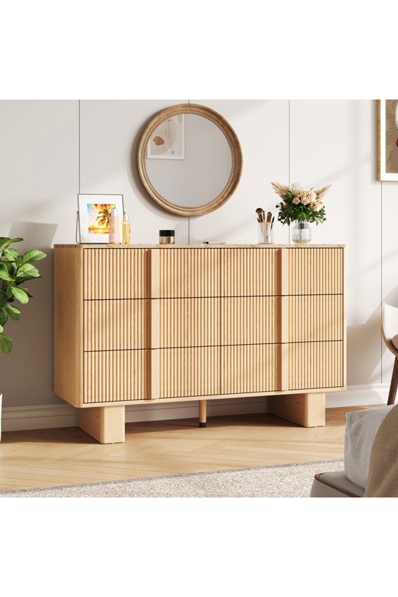47 Inch Wide Farmhouse Sideboard Buffet - 3 Drawers 3 Doors Storage Cabinet with Adjustable Shelves for Kitchen Dining Room Living Room, Light Oak