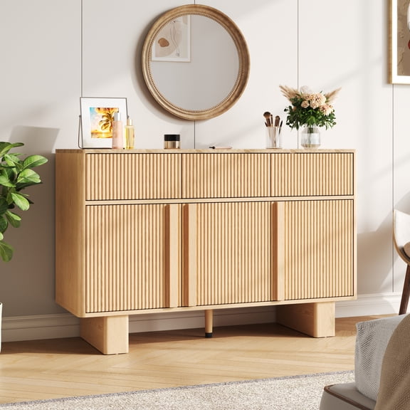 CROS 47'' Sideboard Buffet - 3 Drawers 3 Doors Storage Cabinet for Kitchen Living Room, Oak