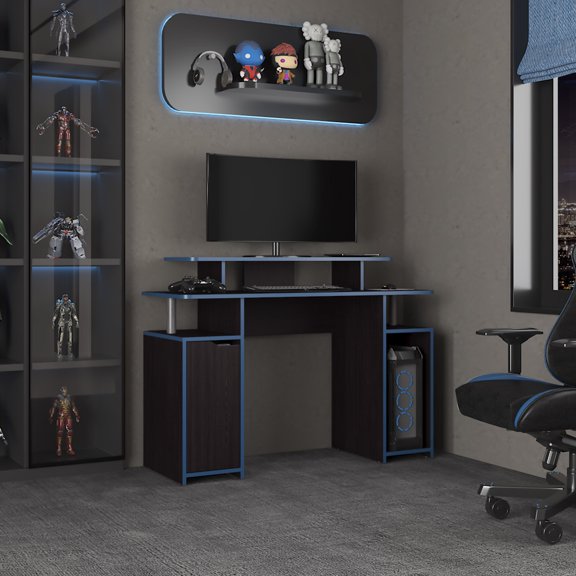 47 Inch Wide Gaming Desk with Monitor Stand and PC Tower Shelf, Black MDF Computer Desk for Small Spaces