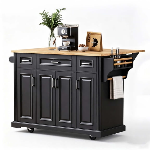 47 Inch Wide Mobile Kitchen Island, 400 LBS Heavy Duty Folding Table Top, Rolling Island Cart with Lockable Casters, Height Adjustable Shelf & Towel Bar, Black
