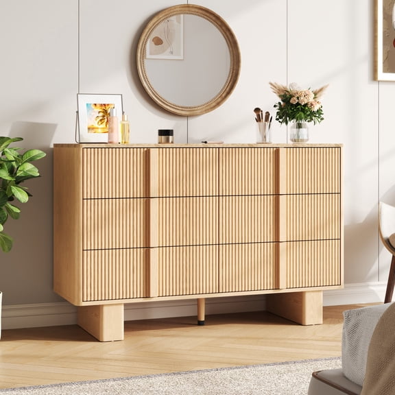 47 Inch Wide Modern Fluted 6-Drawer Dresser - Chest of Drawers with Wooden Handles & Reinforced Legs for Bedroom Living Room Hallway, Light Oak