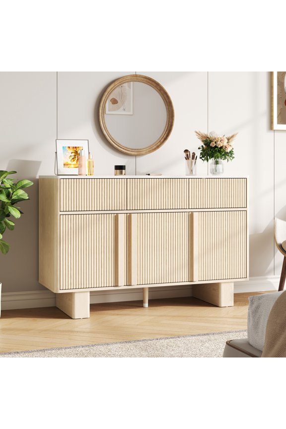 47 Inch Wide Modern Sideboard Buffet - 3 Drawers 3 Doors Storage Cabinet with Reinforced Legs for Kitchen Living Room, Whitewashed Oak