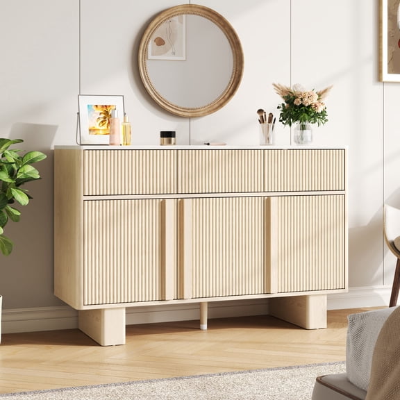 47 Inch Wide Modern Sideboard Buffet - 3 Drawers 3 Doors Storage Cabinet with Reinforced Legs for Kitchen Living Room, Whitewashed Oak