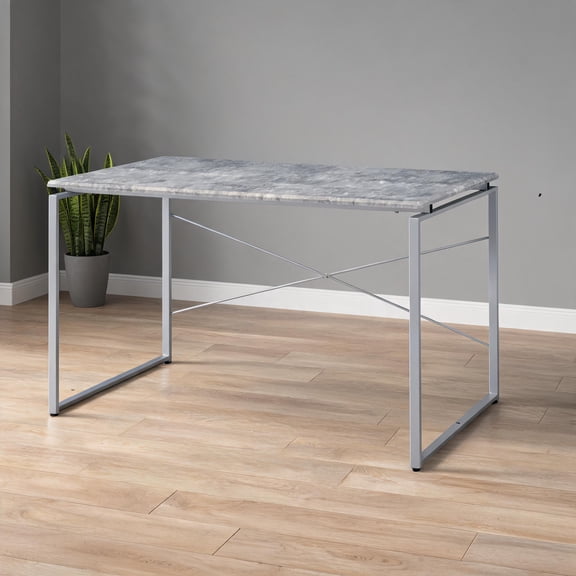 47 Inch Wide Writing Desk for Home Office, Industrial Cool Silver Wood Top Metal Base Laptop Work Table
