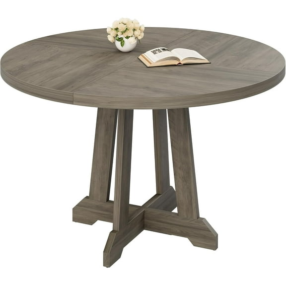 47-Inch Wood Round Dining Table for 4-6, Modern Farmhouse Kitchen Table with Sturdy Cross Base and Wooden Top, Round Table for Dining Room or Living Room, Grey (Only Table)
