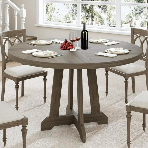 47 Inch Wood Round Dining Table for 4, Modern Kitchen Table, Farmhouse Dinner Table with Wooden Top and Sturty Legs for Dining Room, Living Room (Grey)