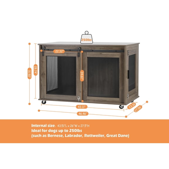47 Inch XL Wooden Dog Crate Furniture for Extra Large Dogs, Heavy Duty Indoor Kennel with Sliding Doors Wheels Flip Top Plate, Decorative Cage Table, Brown
