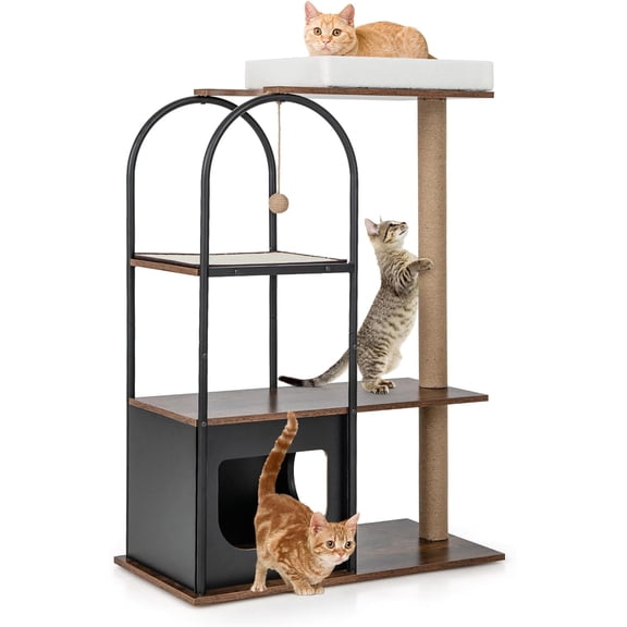 47 Inches Cat Tree Tower, Modern Multi-level Cat Tower with Jute Scratching Posts & Sisal Board, Cat Condo and Hanging Ball, Wood Cat Tree with Metal Frame for Indoor Cats Large Adults (Black)