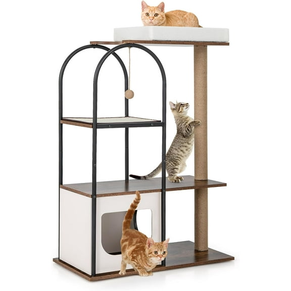 47 Inches Cat Tree Tower, Modern Multi-level Cat Tower with Jute Scratching Posts & Sisal Board, Cat Condo and Hanging Ball, Wood Cat Tree with Metal Frame for Indoor Cats Large Adults (White)