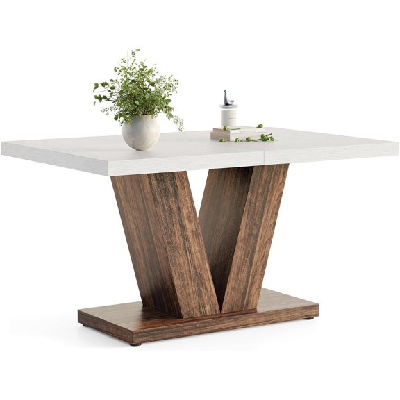 47 Inches Dining Table for 4, Modern Dining Room Tables, White Rectangle Kitchen Table with Rustic Brown V-Shaped Pedestal, Wooden Dinner Table for Dining Room, Kitchen, Living Room
