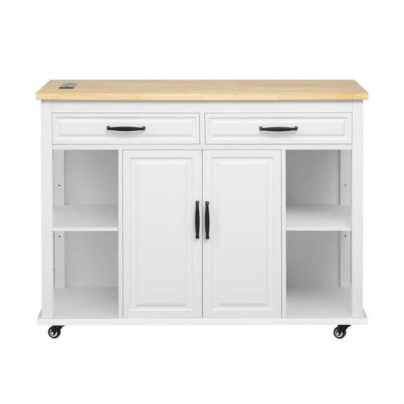 47 Inches Kitchen Island On Wheels With Extendable Dining Table, Power Outlet, Rubberwood Countertop, Kitchen Cart Island Table With Internal Shelf, 2 Drawers & 2 Cabinets