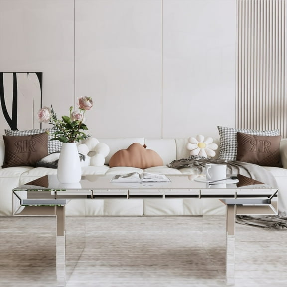 47 Inches Rectangular Mirror Coffee Table, Fluted Tempered Glass, 2-Step Assembly, Light Luxury Decor, Reinforced Packaging