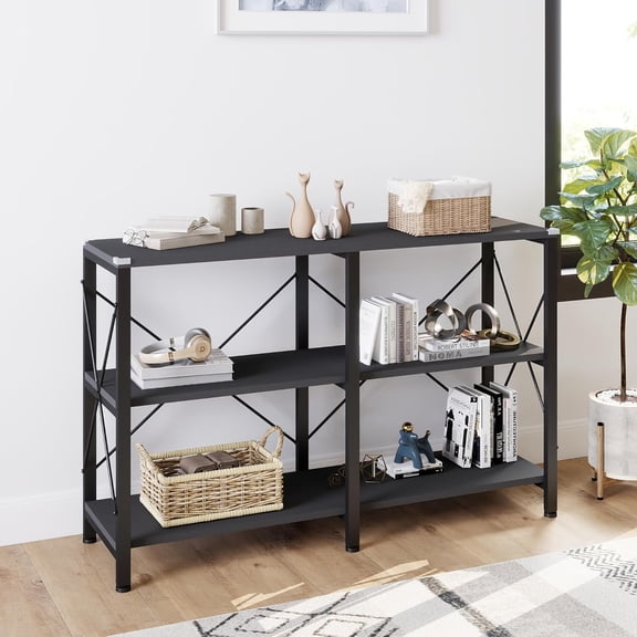 47" Industrial 3-Tier Bookshelf, Freestanding Low-Profile Metal Frame with Solid Wood Shelves, Rustic Farmhouse Design for Living Room and Office, Black