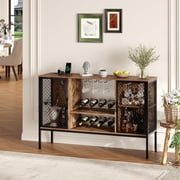 47 in Industrial Coffee Bar Cabinet with Led Lights and Power Outlets, Wood Liquor Cabinet with 2 Doors, Glass Holders & Storage, Mini Coffee Bar for Home Dining Living Room, Rustic Brown
