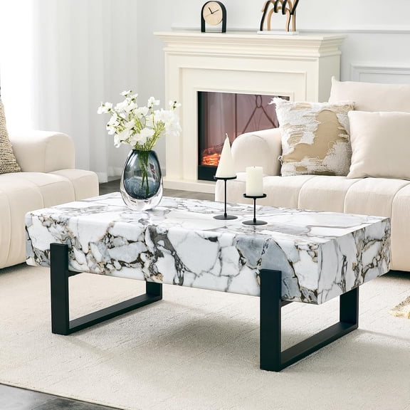 47" Industrial Coffee Table with White Marble Top, Rectangular Living Room Center Table with Metal Legs Modern Minimalist Sofa Table for Living Room Office
