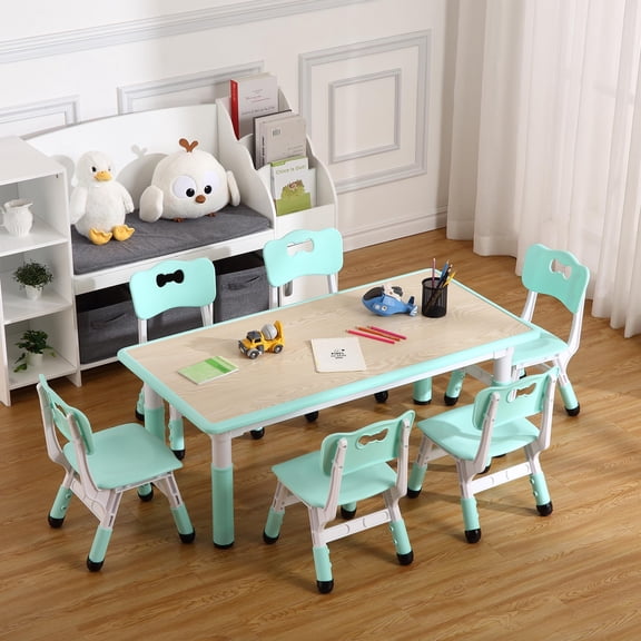 47" Kids Table and 6 Chair Set with Non-Slip Desk Legs & Graffiti Desktop for Ages 6-10, Blue