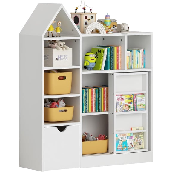 47" Kids Toy Storage Organizer & Bookshelf, White Floor Storage Cabinet with Movable Drawers & Storage Cubbies for Playroom, Bedroom, Classroom, Library