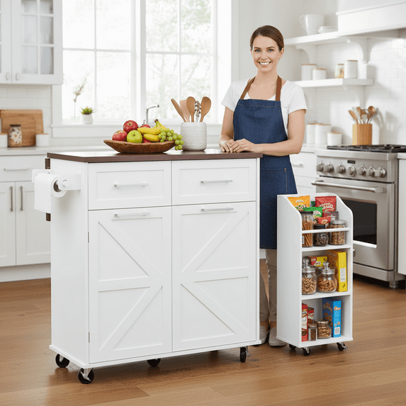 47" Kitchen Island with Drop Leaf, Rolling Kitchen Dining Cart with Trash Can Storage, Two Drawers, Removable Side Racks and Towel Rack for Home, White