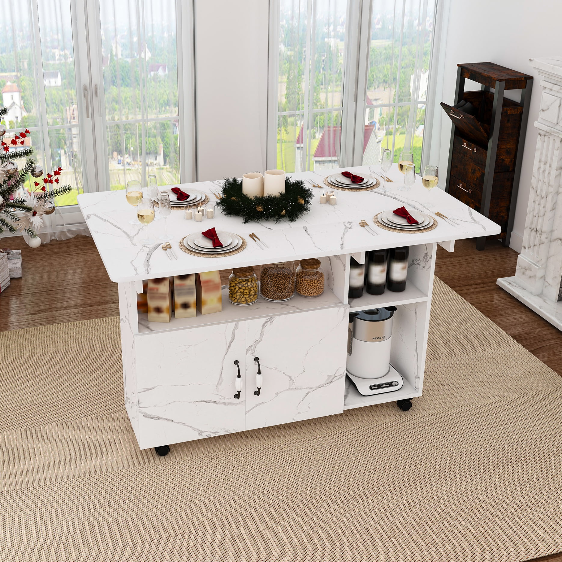 47" Kitchen Island with Drop Leaf, Rolling Island Table with Storage Cabinet, Kitchen Island Cart with Adjustable Shelves for Kitchen, White