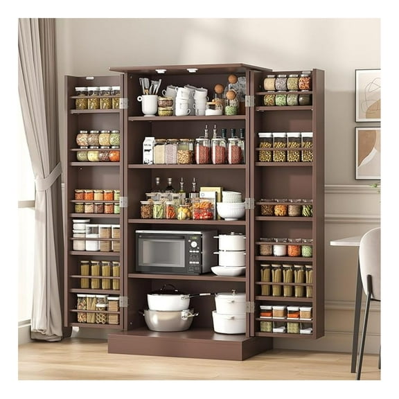 47" Kitchen Pantry Cabinet, Brown Farmhouse Storage with Barn Doors & Adjustable Shelves - 24"W x 16"D Dining Room Cupboard