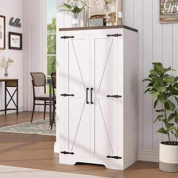 47" Kitchen Pantry Cabinet, Farmhouse Storage Cabinet with Barn Doors and Adjustable Shelves, Freestanding Kitchen Hutch,Wood Cupboard for Living Room, Bathroom, Hallway, White