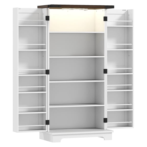 47" Kitchen Pantry Cabinet with LED Light, White Farmhouse Storage Cabinet with Adjustable Shelves & Barn Door, Kitchen Storage Organizer for Kitchen, Living Room