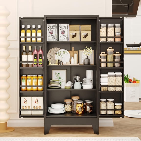 47" Kitchen Pantry Cabinet, Metal Storage Cabinet with 3 Adjustable Layer Shelves, 8 Door Shelves, Buffet Sideboard for Living Room, Kitchen, Black