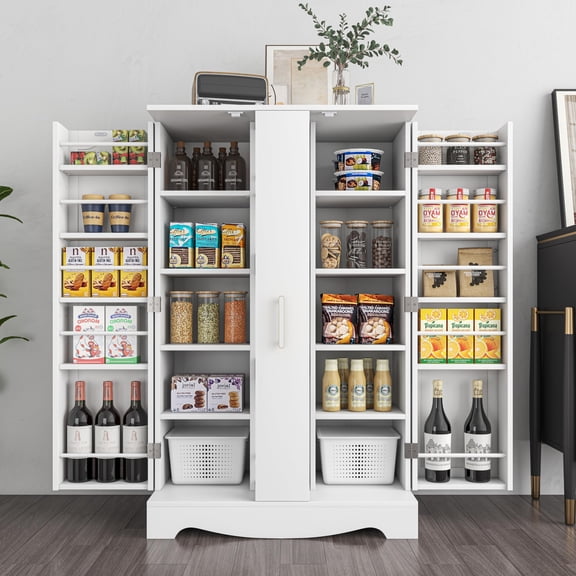 ModFurne A-White Kitchen Pantry Cabinet with Drawer, Storage Cabinet with Adjustable Shelves, Sliding Doors