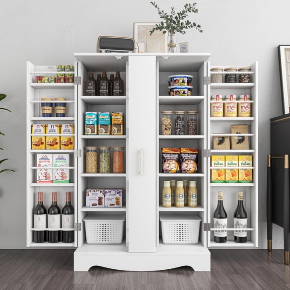 ModFurne Modern White Pantry Cabinet with 1 Drawer, Adjustable Shelves, Sliding Doors
