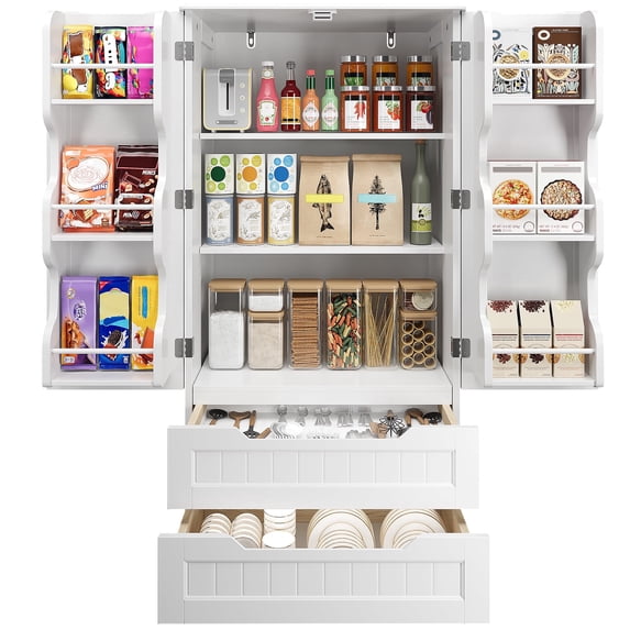 47'' Kitchen Pantry Storage Cabinet with Drawers Freestanding Bathroom Storage Cabinets with Doors and Shelves, Noelse Small Food Pantry Cabinet for Dining Room Craft Room, White