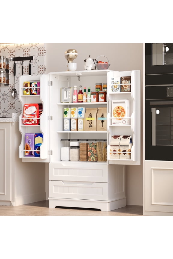 47" Small Kitchen Storage Cabinets with Doors and Shelves Clearance, Noelse Wooden Craft Organization and Storage Cabinet with 2 Drawers for Craft Room and Dining Room