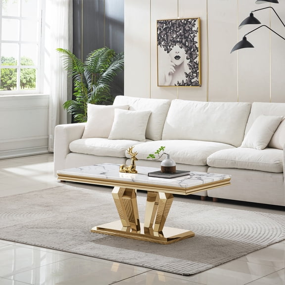 47"L Diamond Base Coffee Table, Stainless Steel Mirror Finish, White Marble-Look Top for Modern Living Room