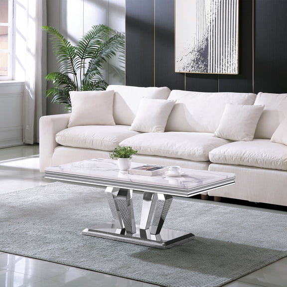 47"L Diamond Base Coffee Table, Stainless Steel Mirror Finish, Marble-Look Top for Modern Living Room