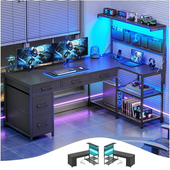 47" L Shaped Desk with 5 Drawers & Hutch, Reversible Gaming Desk with LED Lights & Outlets, Computer Desk with Open Shelves & Storage Bag for CPU, Books etc for Home Office, Space Saving, Black
