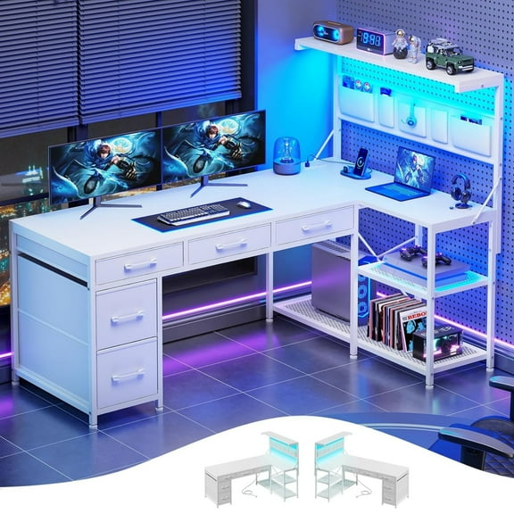 47" L Shaped Desk with 5 Drawers & Hutch, Reversible Gaming Desk with LED Lights & Outlets, Computer Desk with Open Shelves & Storage Bag for CPU, Books etc for Home Office, Space Saving, White