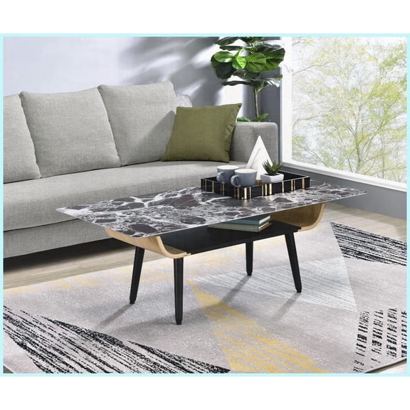 47” Landon Coffee Table with Black Marble-Textured Glass Top & Bent Wood Design – Easy-Clean & Modern